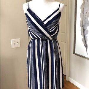 Monteau Womans Large Striped Dress Navy White Striped V-neck Spaghetti Straps